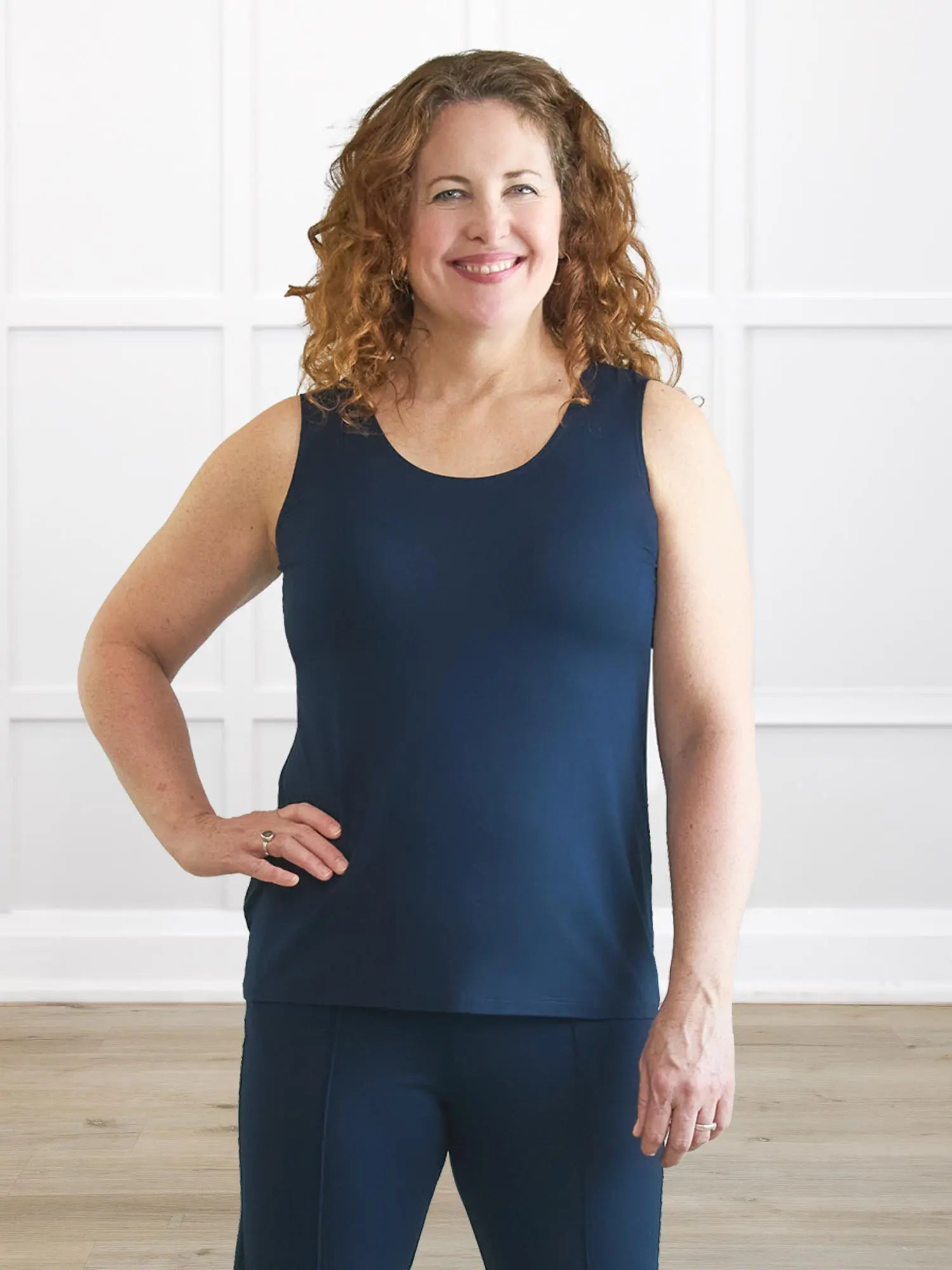 Shandra reversible neckline tank top for women in navy on model Melanie in size medium, regular fit @Melanie-M-regular 