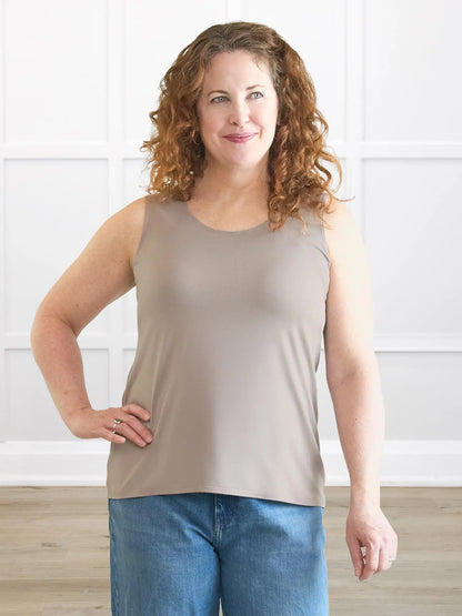 Shandra reversible neckline tank top for women in portobello on model Melanie in size medium, regular fit @Melanie-M-regular 