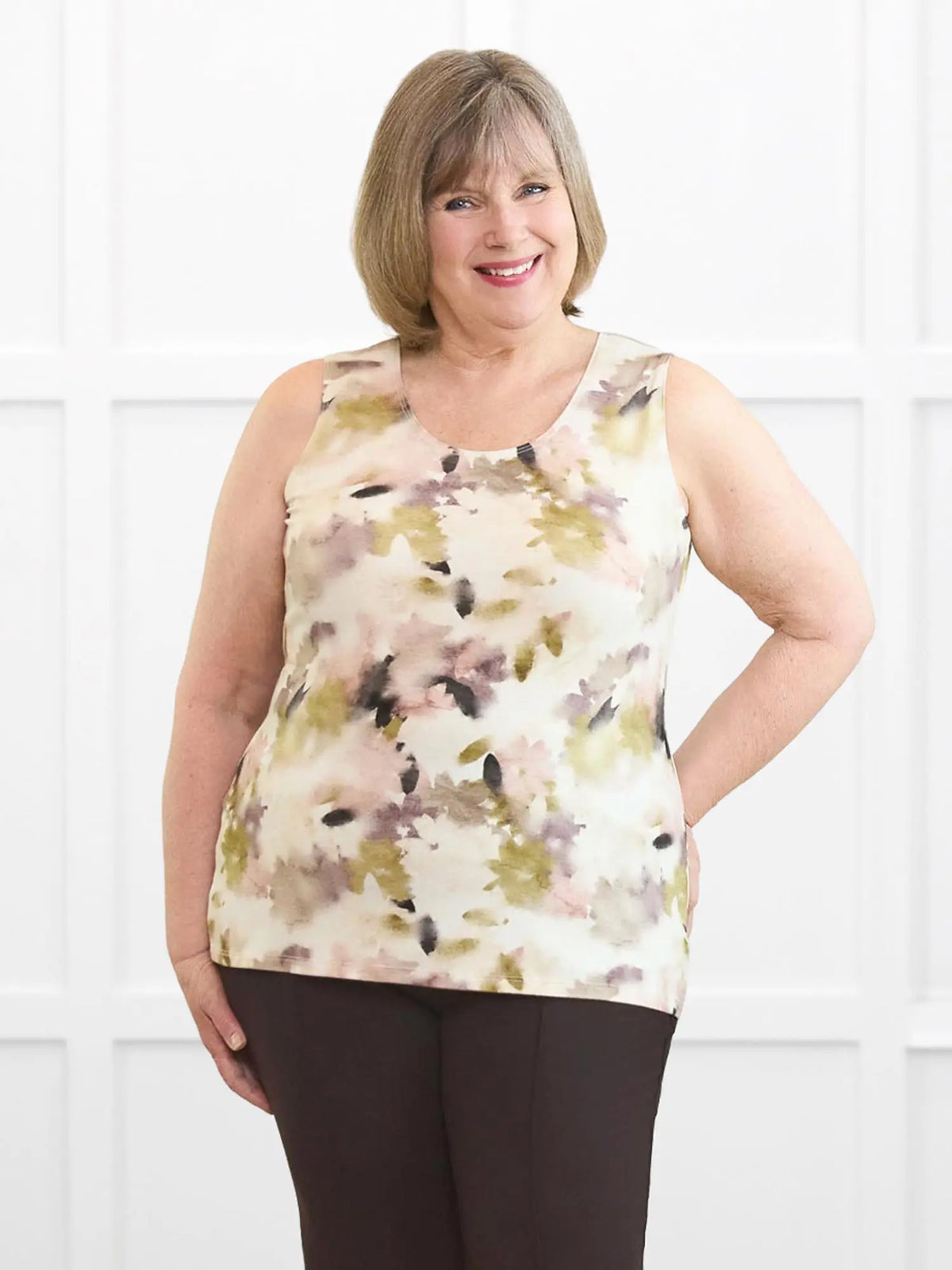 Shandra reversible neckline tank top for women in Rosewater on model Laurie, size XL Regular @Laurie-XL-regular 