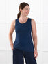 Shandra reversible neckline tank top in Navy on model Jo, size S Regular @Jo-S-regular 
