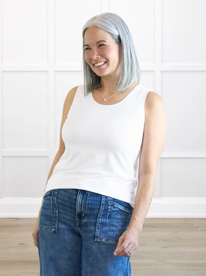 Shandra reversible neckline tank top in White on model Kerri, size S Regular @Kerri-S-regular 