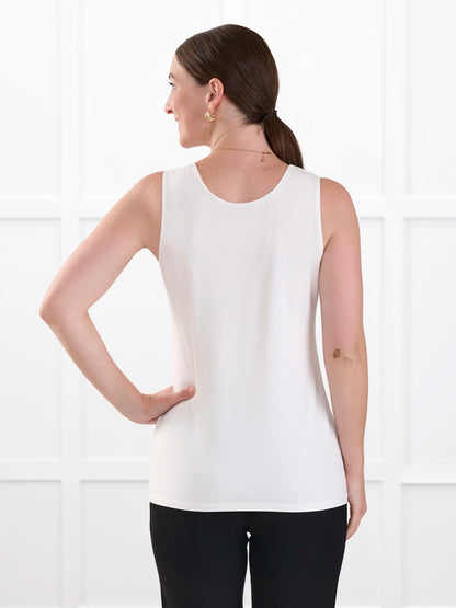 Shandra reversible neckline tank top in White on model Jo, size XS Regular @Jo-XS-regular 