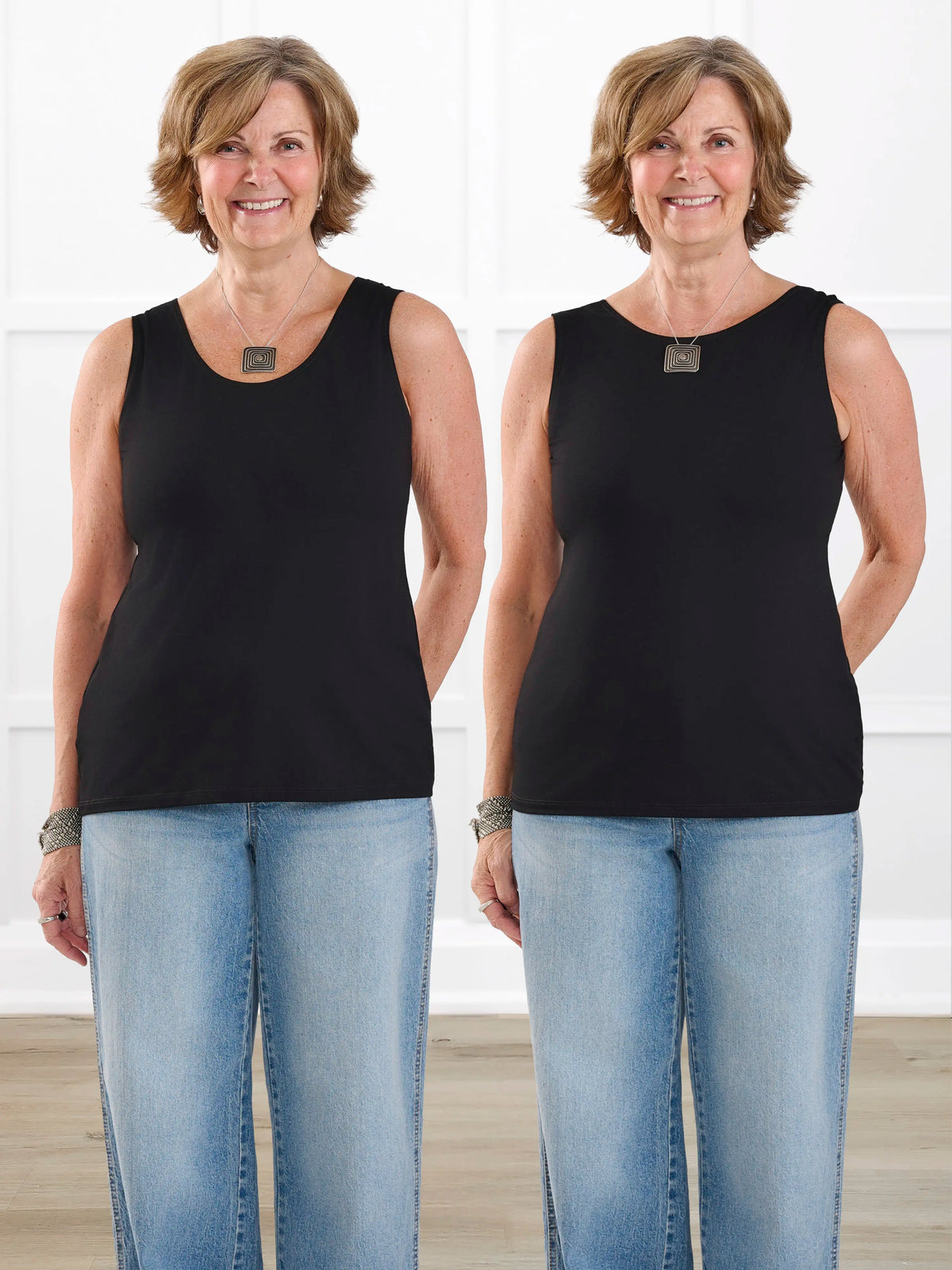 Shandra reversible neckline tank top for women in Black on model Donna, size S Regular @Donna-S-regular 