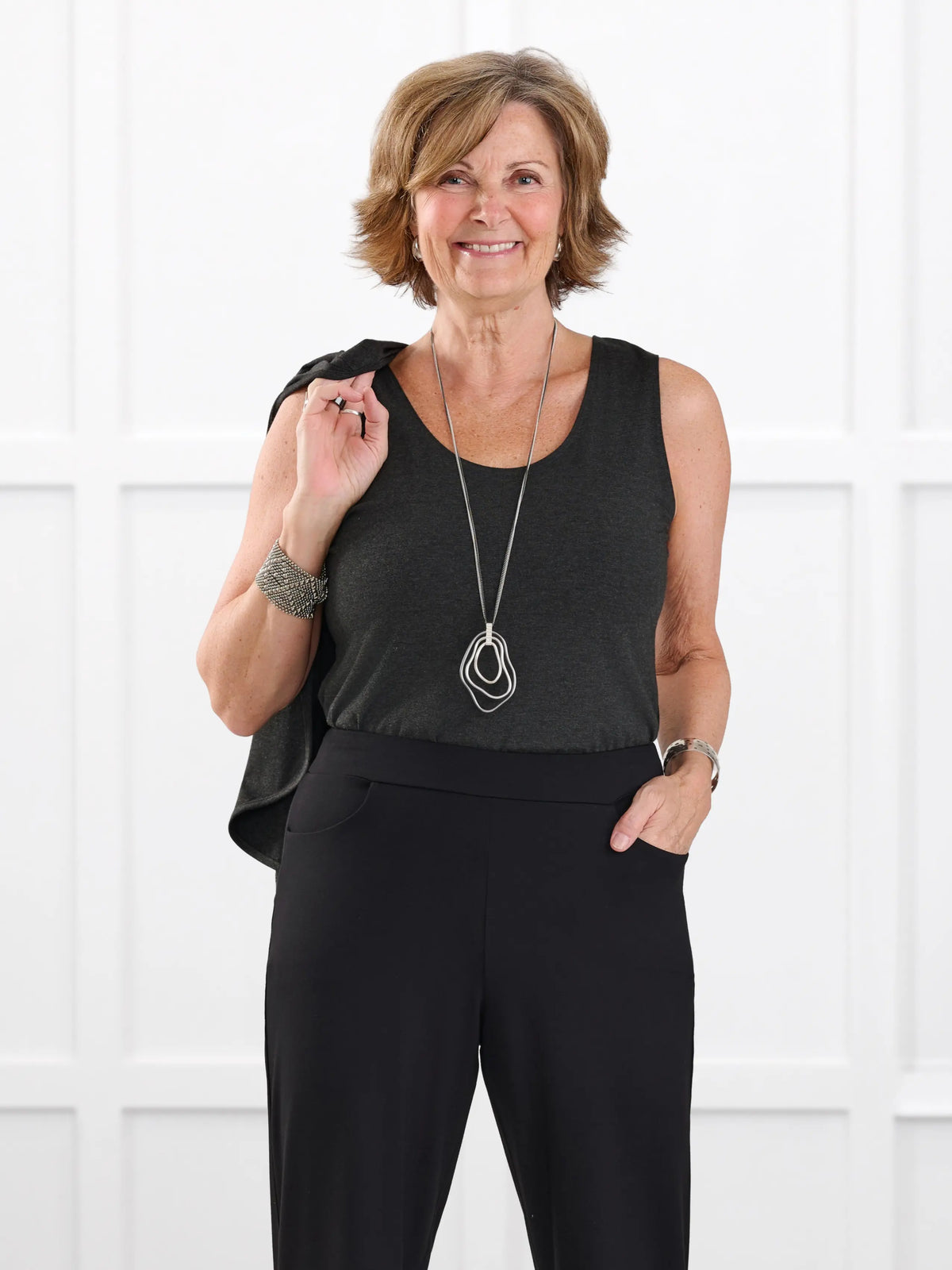 Shandra reversible neckline tank top for women in Charcoal on model Donna, size S Regular @Donna-S-regular 