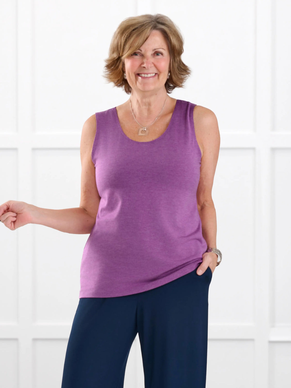Shandra reversible neckline tank top for women in Lupin melange on model Donna, size S Regular @Donna-S-regular 