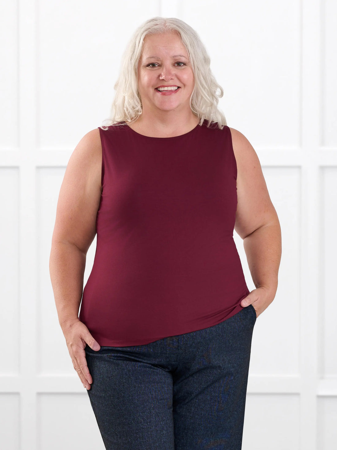 Shandra reversible neckline tank top for women in Merlot on model Colleen, size XXL Petite @Colleen-XXL-petite 