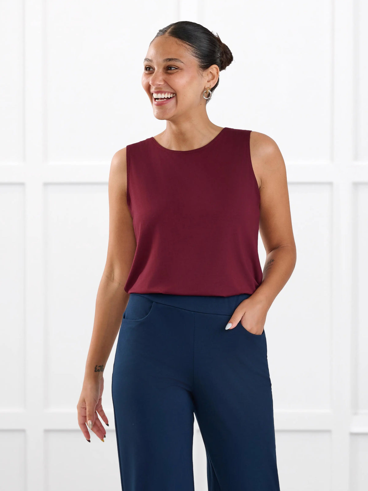 Shandra reversible neckline tank top for women in Merlot on model Meron, size XS Regular @Meron-XS-regular 