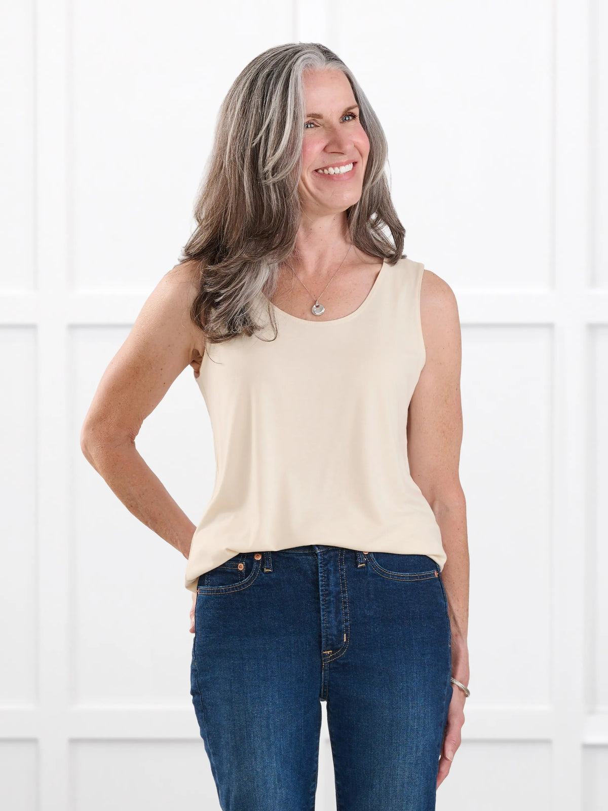 Shandra reversible neckline tank top for women in Shortbread on model Jen, size XS Regular @Jen-XS-regular 