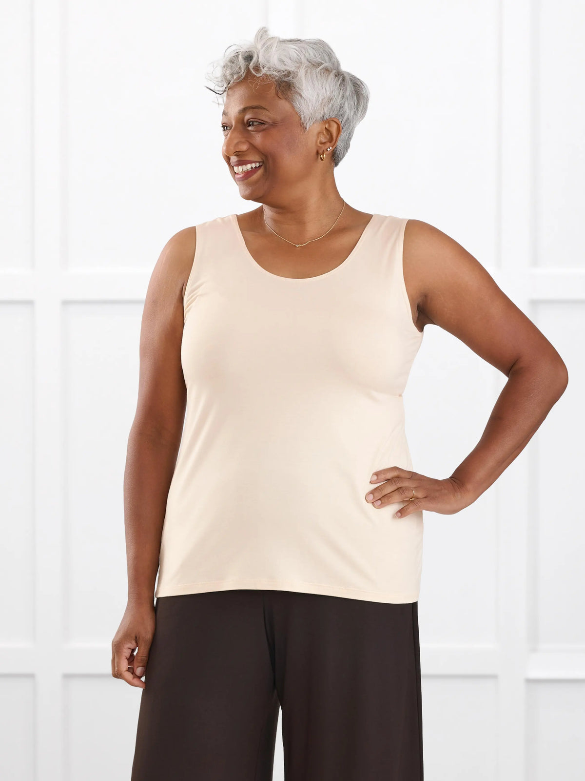 Shandra reversible neckline tank top for women in Shortbread on model Keethai, size M Regular @Keethai-M-regular 