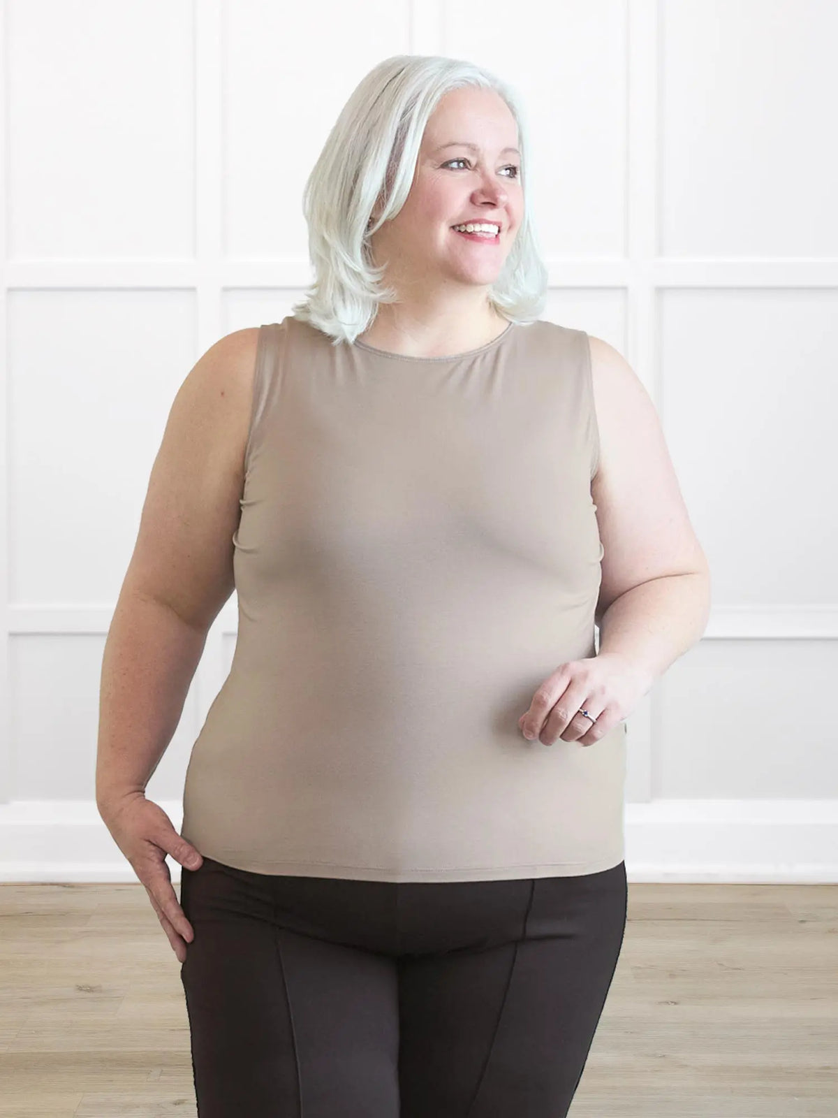 Shandra reversible neckline tank top for women in portobello on model Colleen in size xxlarge, petite fit @Colleen-XXL-petite 