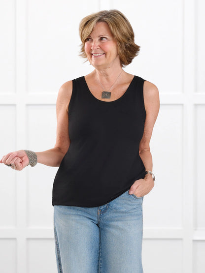 Shandra reversible neckline tank top for women in Black on model Donna, size S Regular @Donna-S-regular 