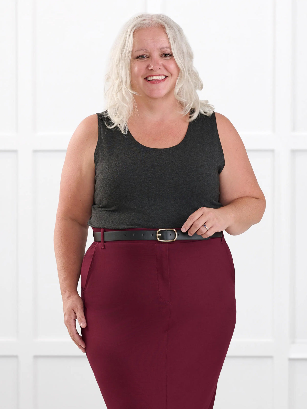 Shandra reversible neckline tank top for women in Charcoal on model Colleen, size XXL Petite @Colleen-XXL-petite 