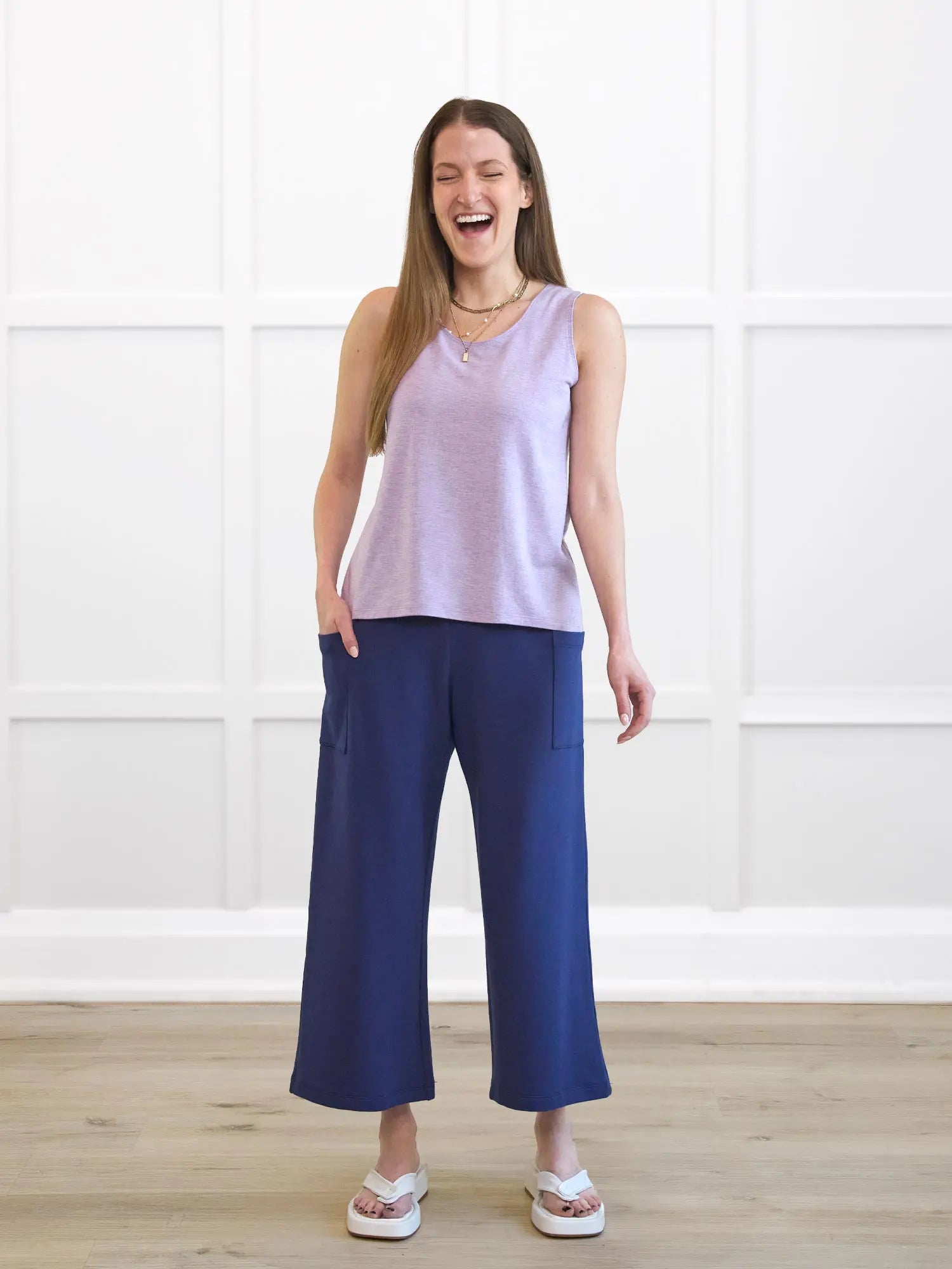 Shandra reversible neckline tank top for women in Lilac melange on model Lex, size XS Petite @Lex-XS-petite 