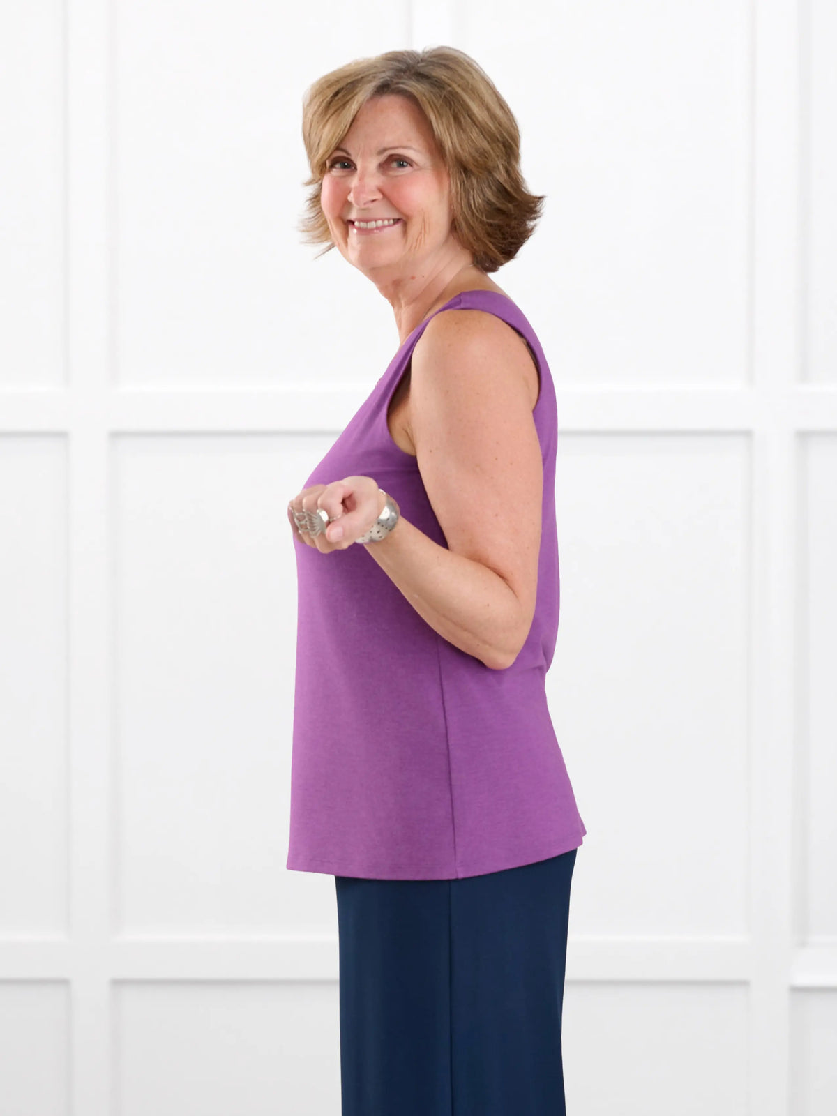 Shandra reversible neckline tank top for women in Lupin melange on model Donna, size S Regular @Donna-S-regular 