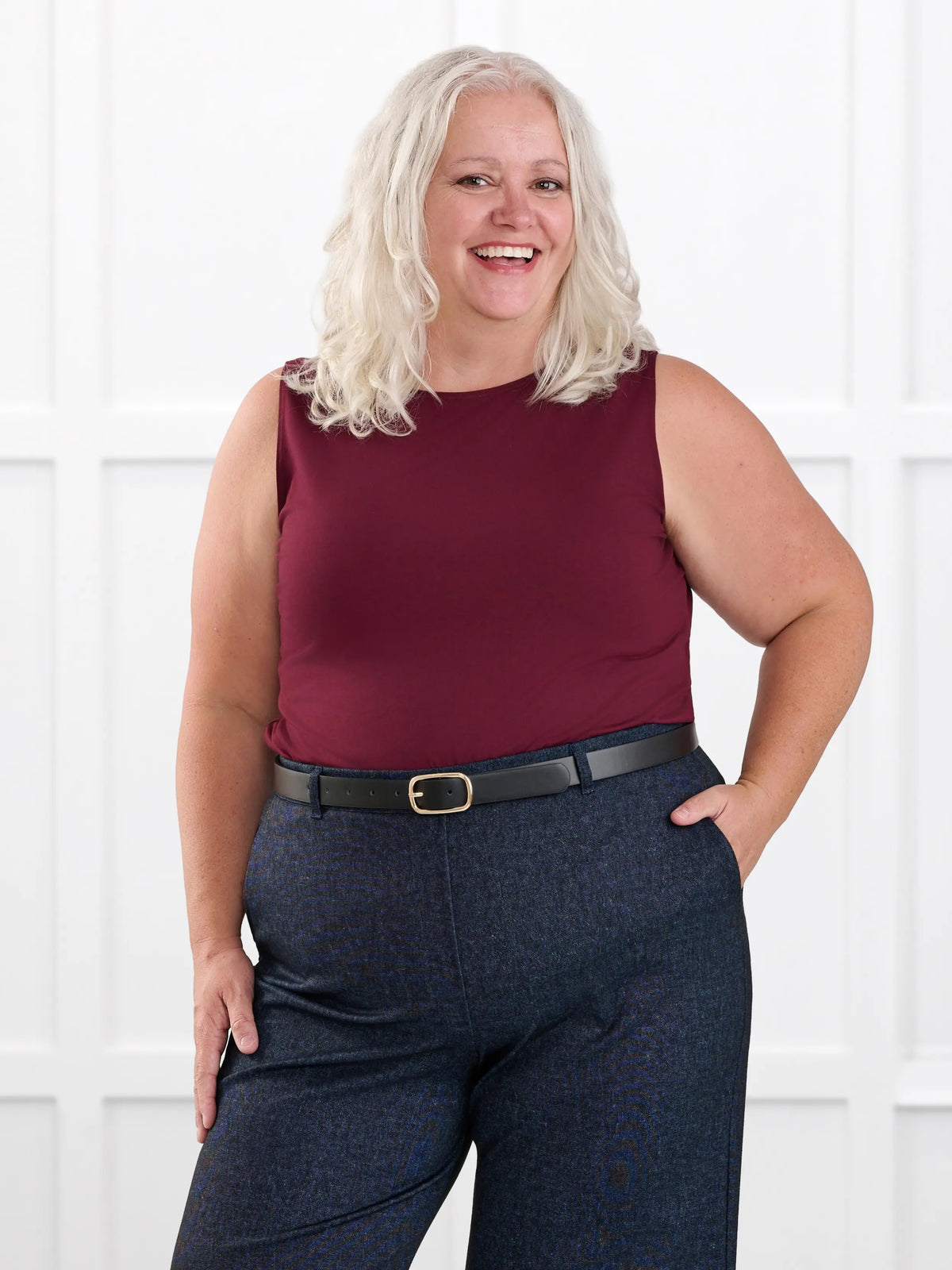 Shandra reversible neckline tank top for women in Merlot on model Colleen, size XXL Petite @Colleen-XXL-petite 
