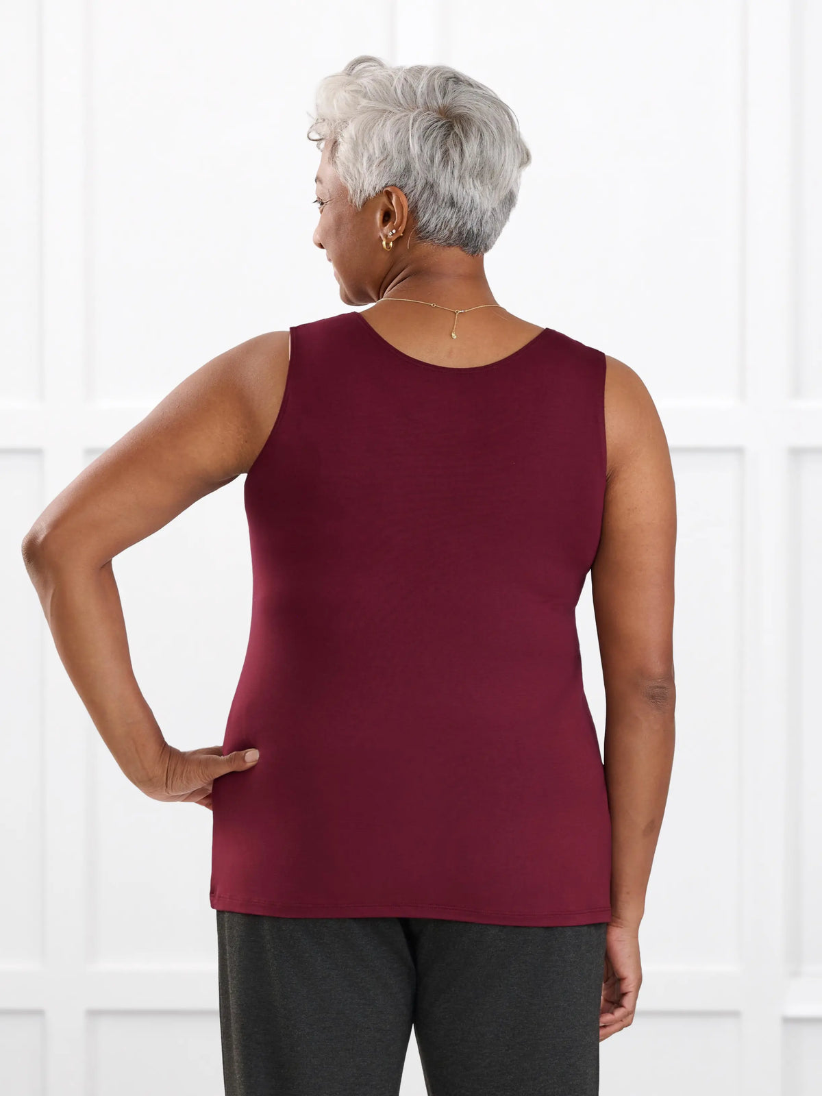 Shandra reversible neckline tank top for women in Merlot on model Keethai, size M Regular @Keethai-M-regular 