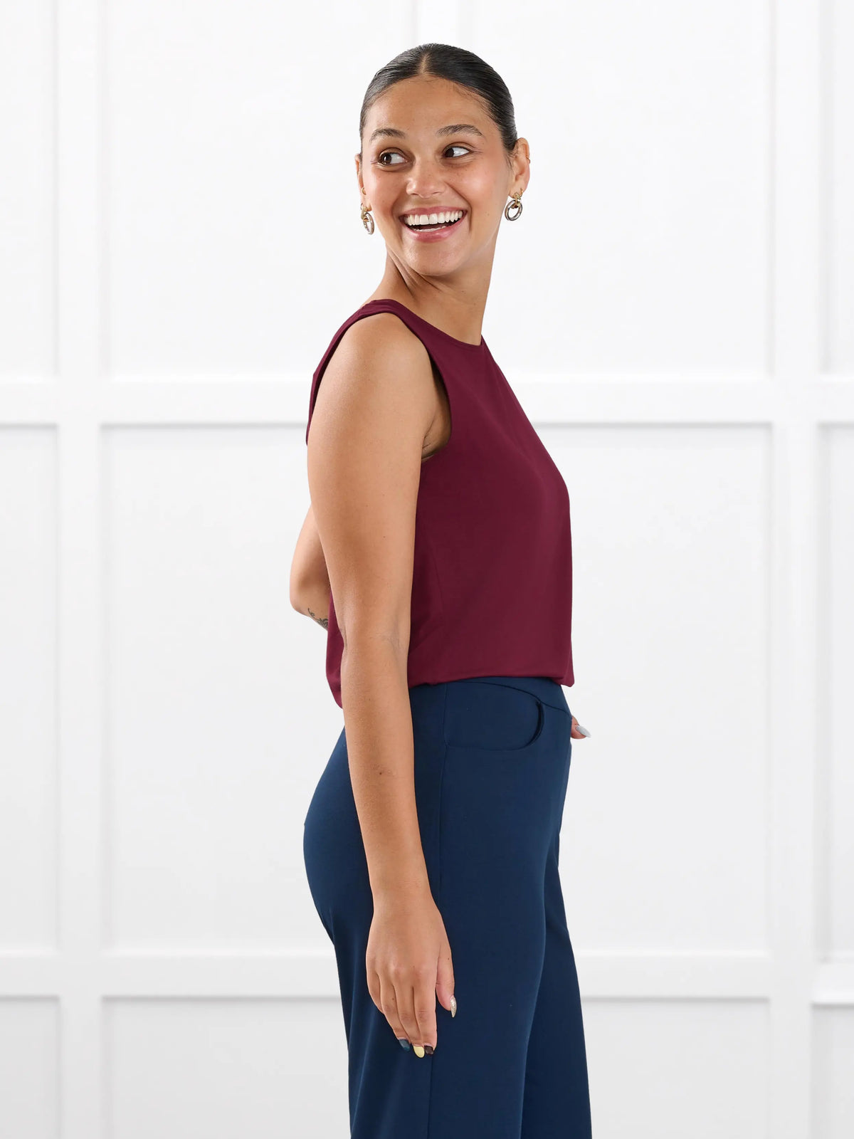 Shandra reversible neckline tank top for women in Merlot on model Meron, size XS Regular @Meron-XS-regular 