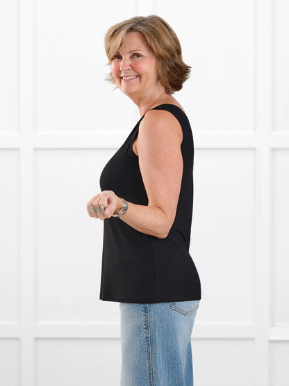 Shandra reversible neckline tank top in Black on model Donna, size S Regular @Donna-S-regular 