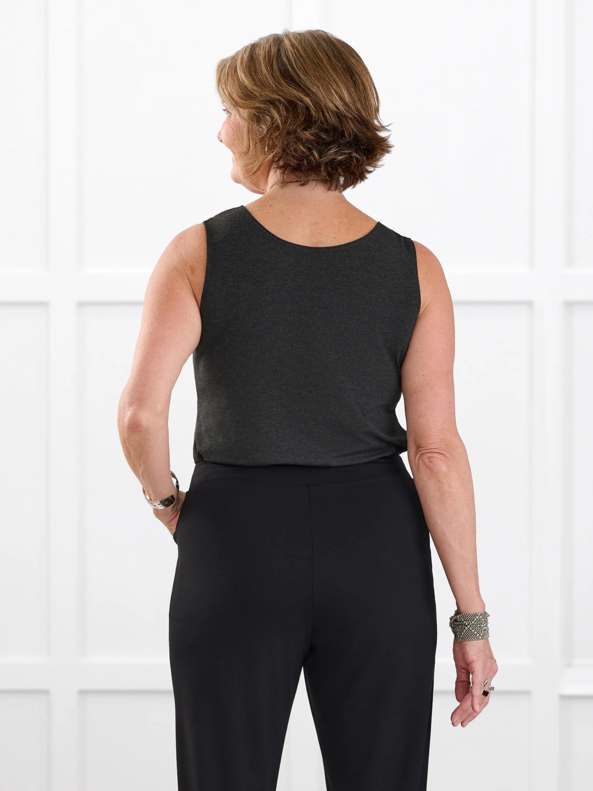 Shandra reversible neckline tank top for women in Charcoal on model Donna, size S Regular @Donna-S-regular 