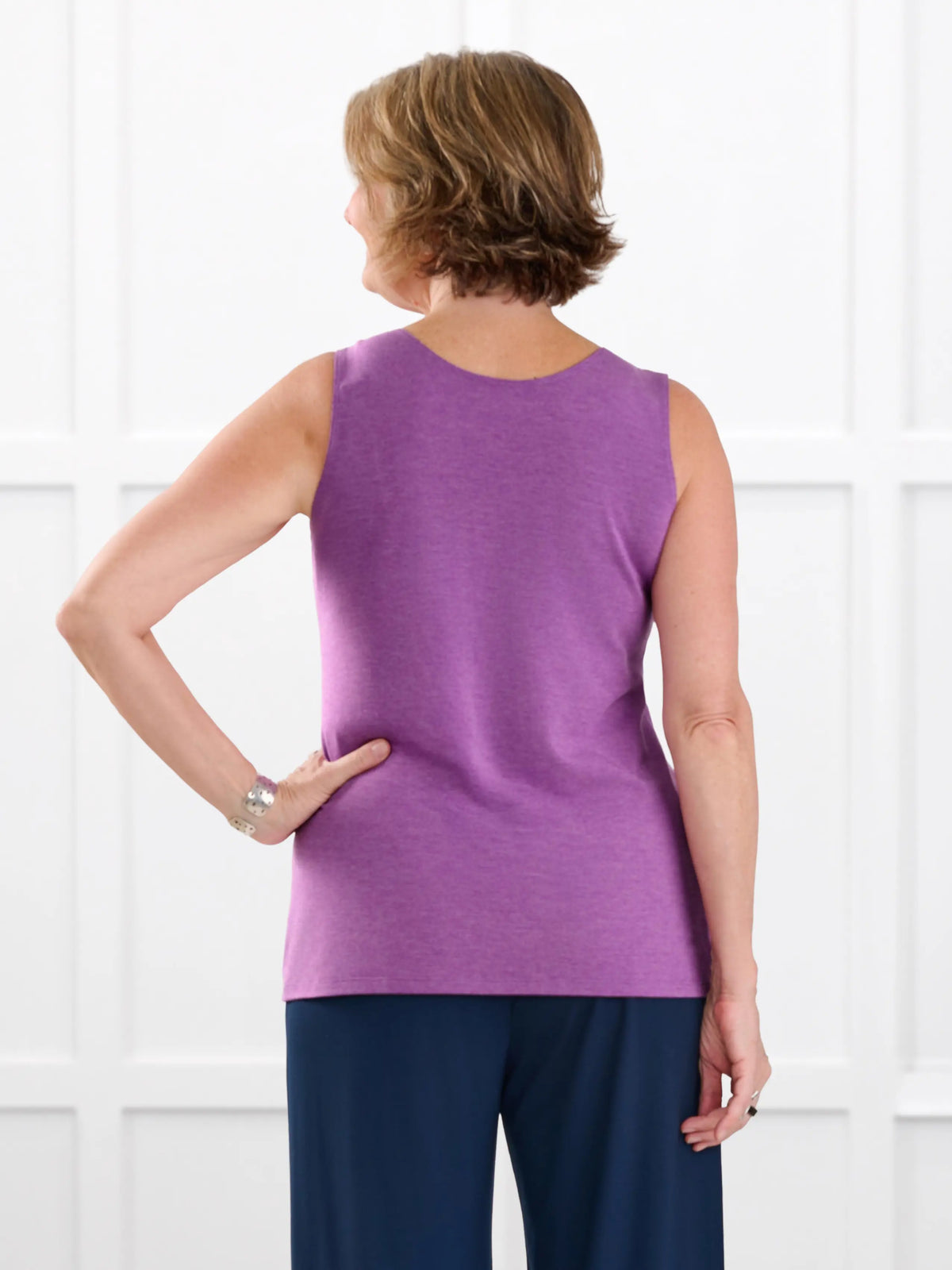 Shandra reversible neckline tank top for women in Lupin melange on model Donna, size S Regular @Donna-S-regular 
