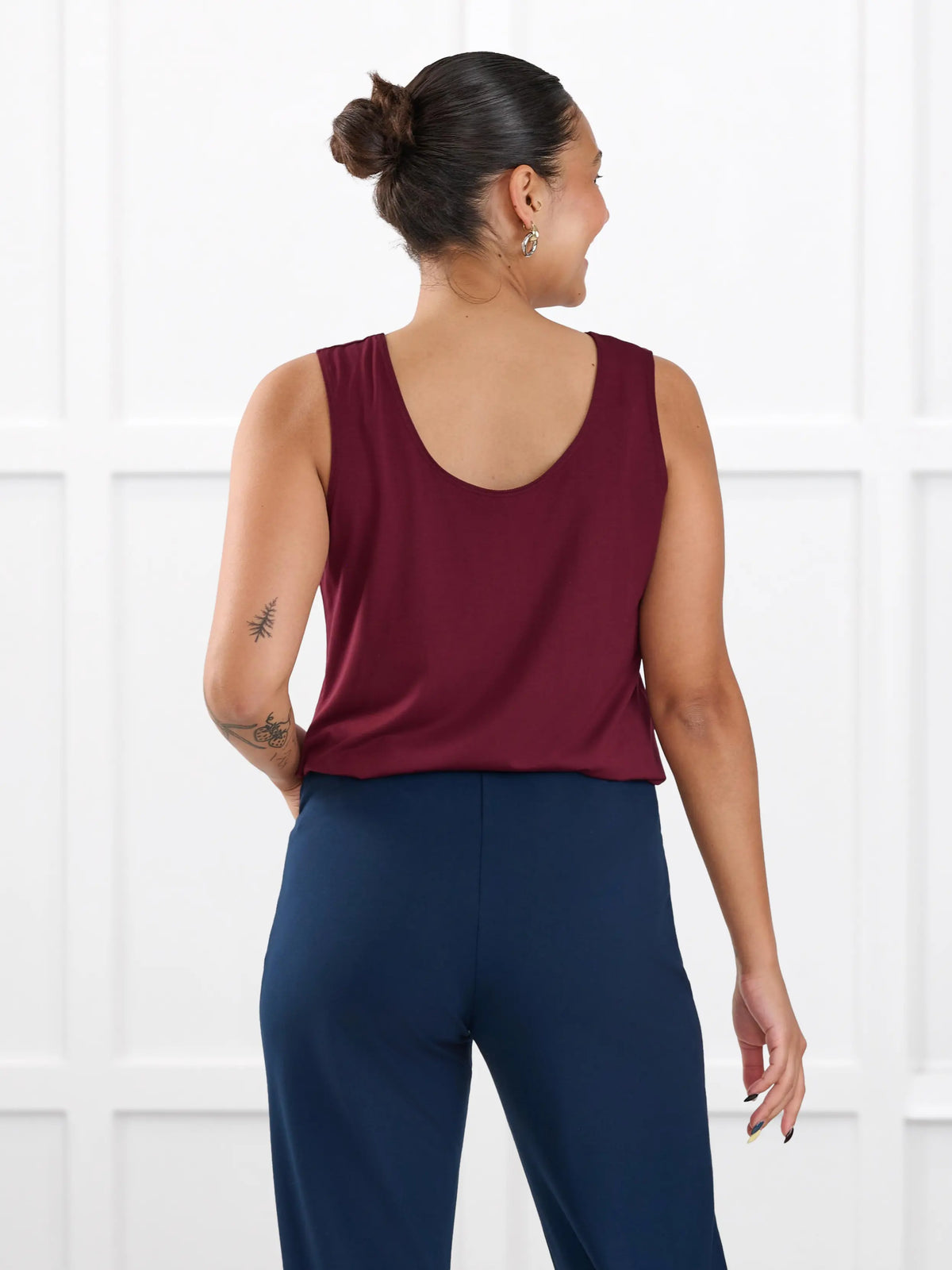 Shandra reversible neckline tank top for women in Merlot on model Meron, size XS Regular @Meron-XS-regular 