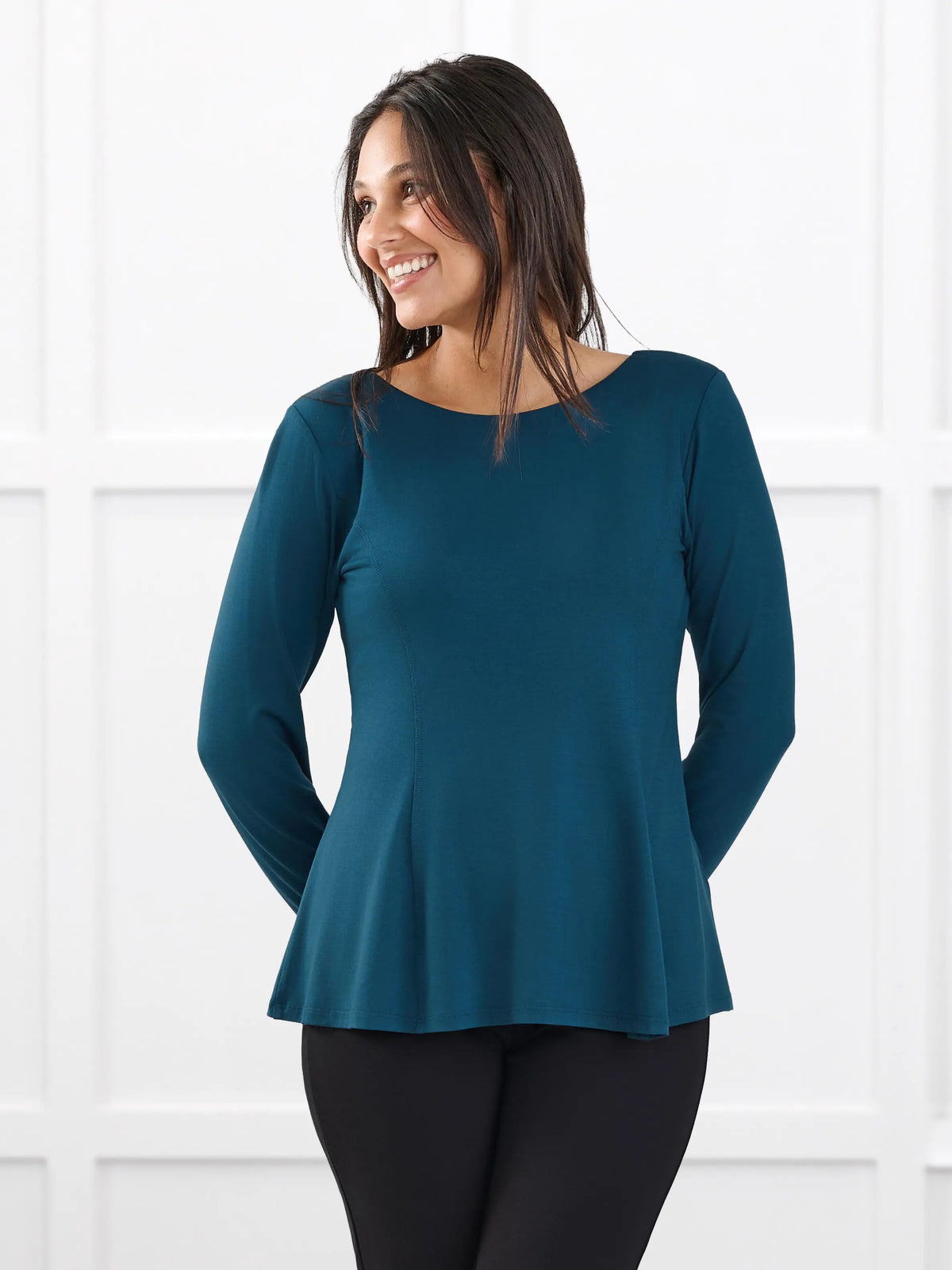 Sheera reversible neckline peplum top for women in Atlantic on model Meron, size XS @Meron-XS 