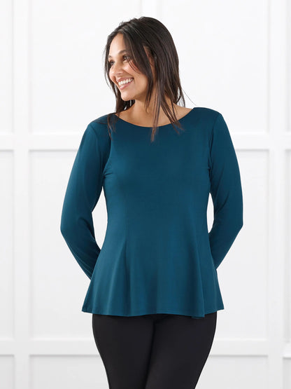 Sheera reversible neckline peplum top for women in Atlantic on model Meron, size XS @Meron-XS 