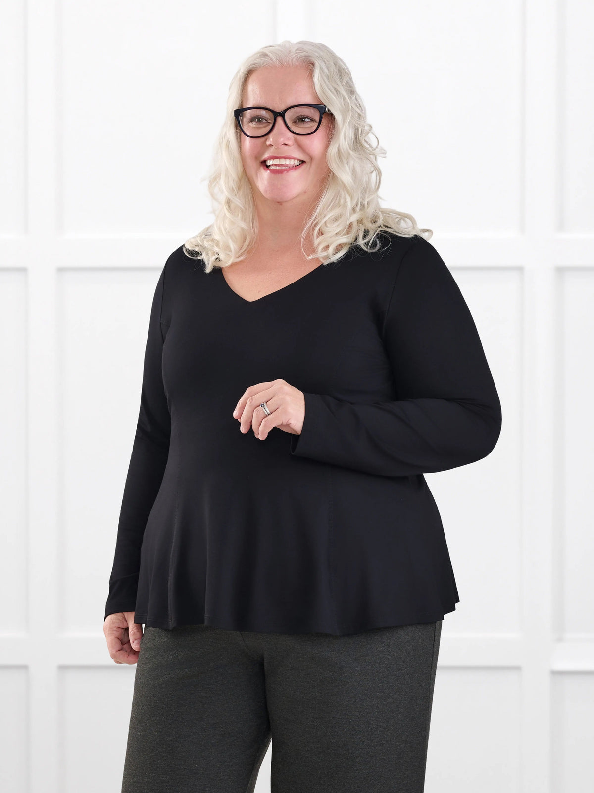 Sheera reversible neckline peplum top for women in Black on model Colleen, size XXL @Colleen-XXL 