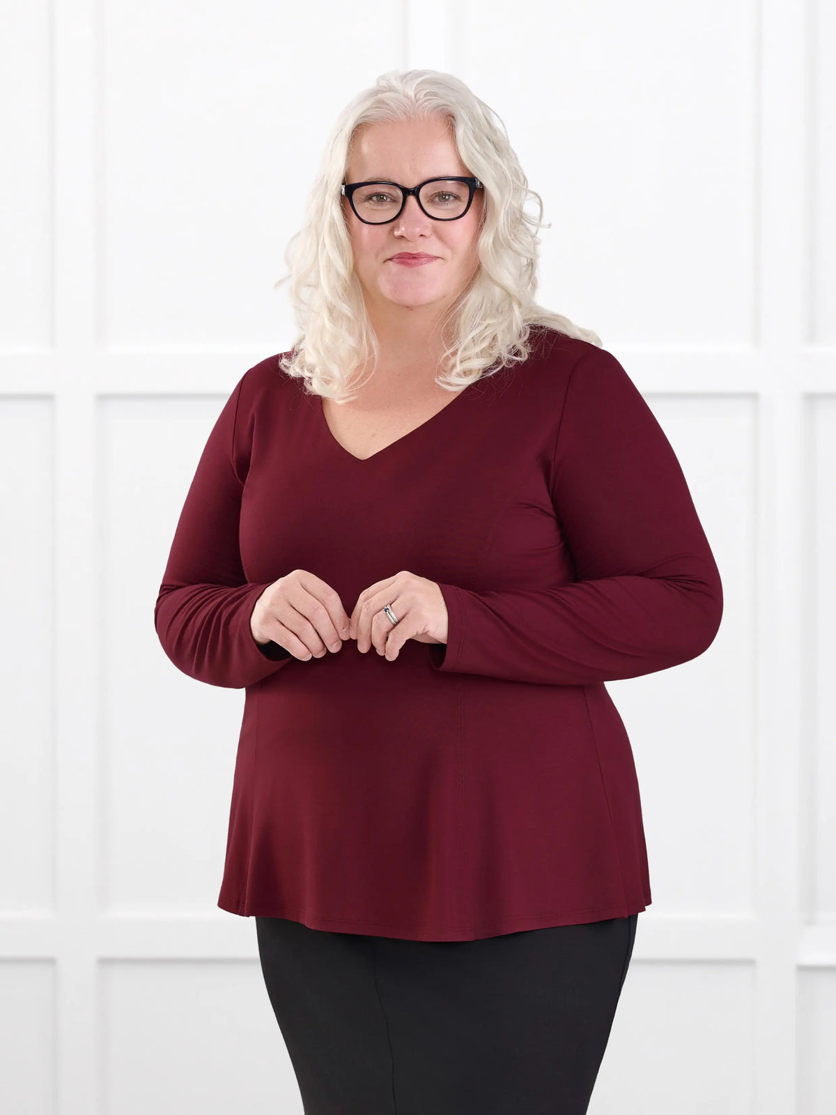 Sheera reversible neckline peplum top for women in Merlot on model Colleen, size XXL @Colleen-XXL 