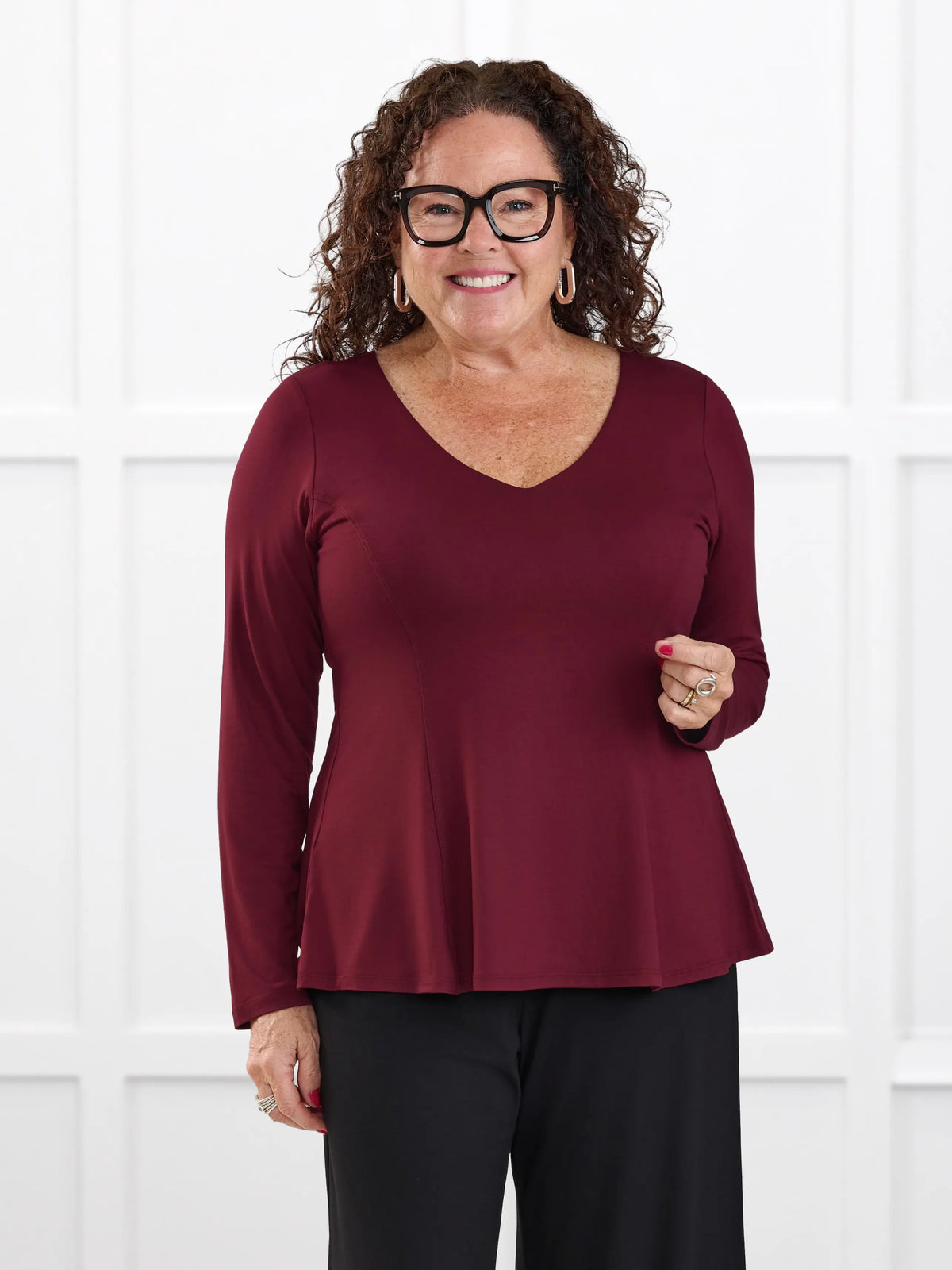 Sheera reversible neckline peplum top for women in Merlot on model Kerri, size M @Kerri-M 