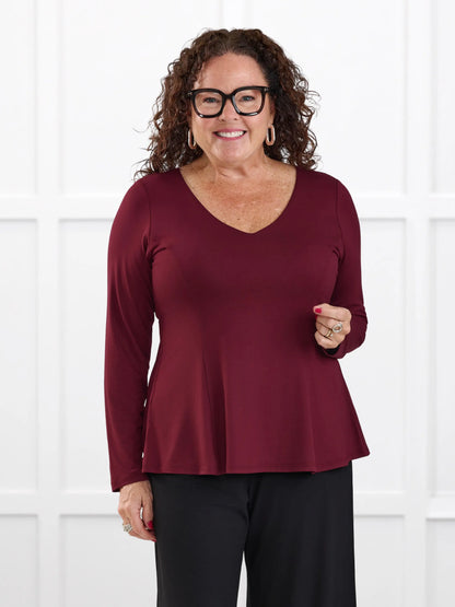 Sheera reversible neckline peplum top for women in Merlot on model Kerri, size M @Kerri-M 
