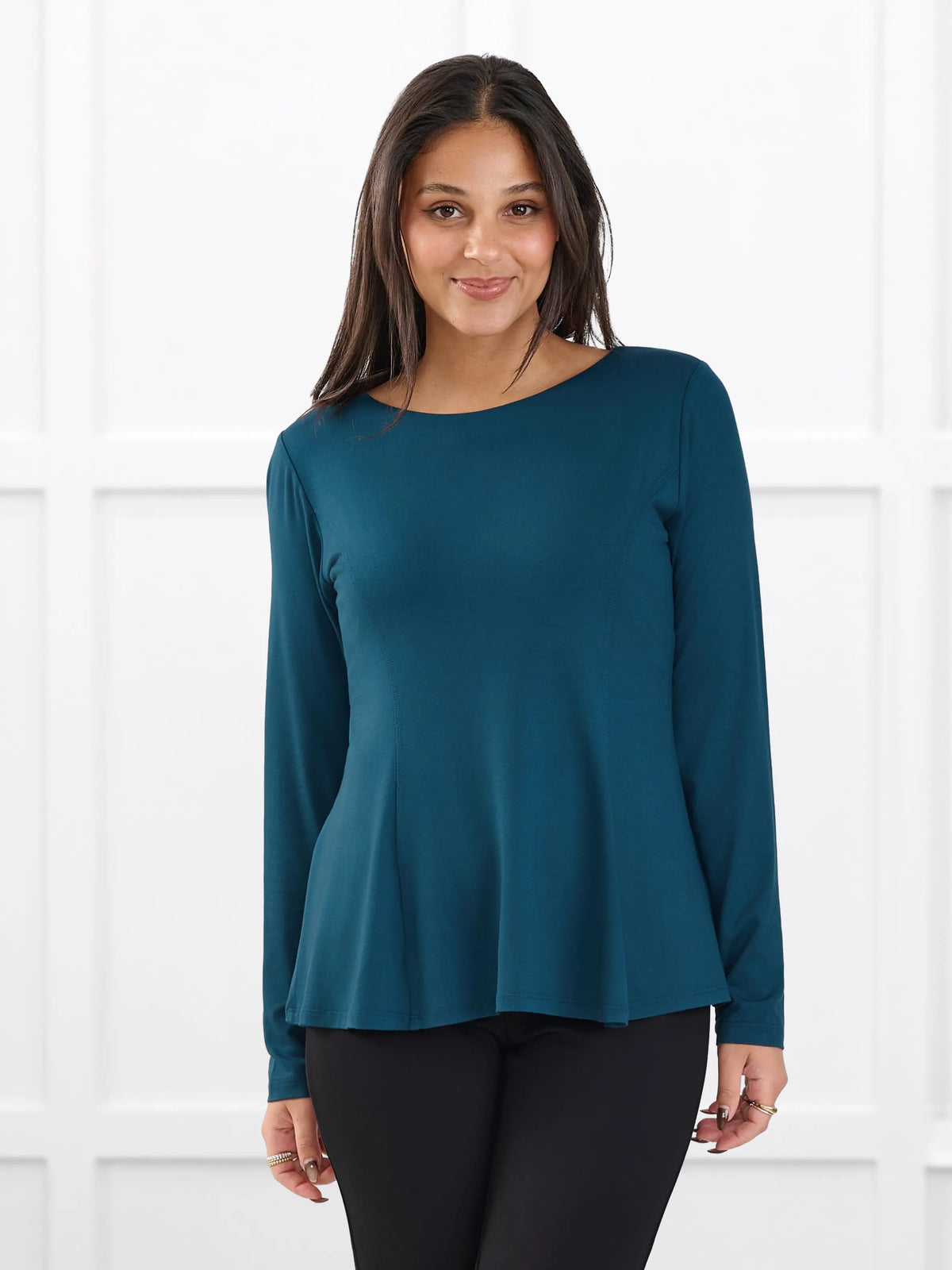 Sheera reversible neckline peplum top for women in Atlantic on model Meron, size XS @Meron-XS 