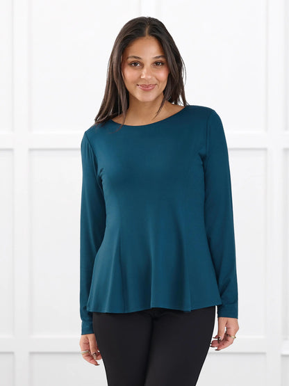 Sheera reversible neckline peplum top for women in Atlantic on model Meron, size XS @Meron-XS 