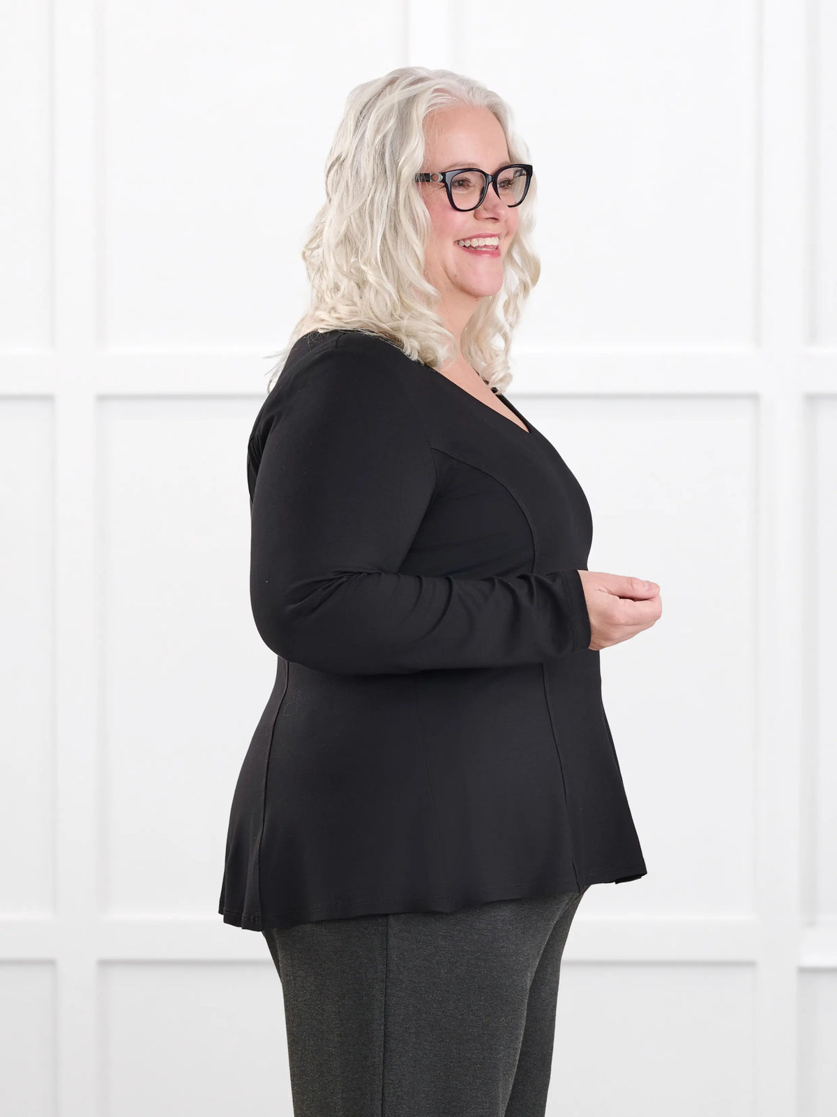 Sheera reversible neckline peplum top for women in Black on model Colleen, size XXL @Colleen-XXL 