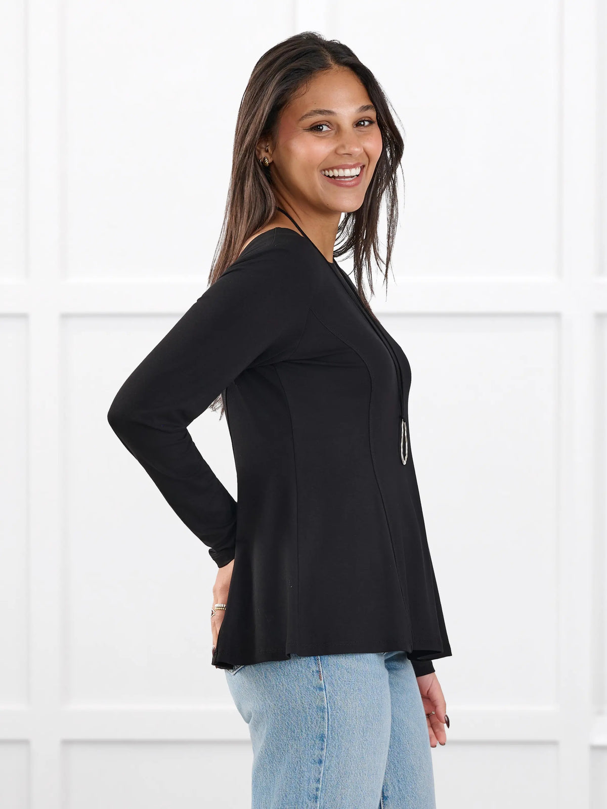 Sheera reversible neckline peplum top for women in Black on model Meron, size XS @Meron-XS 