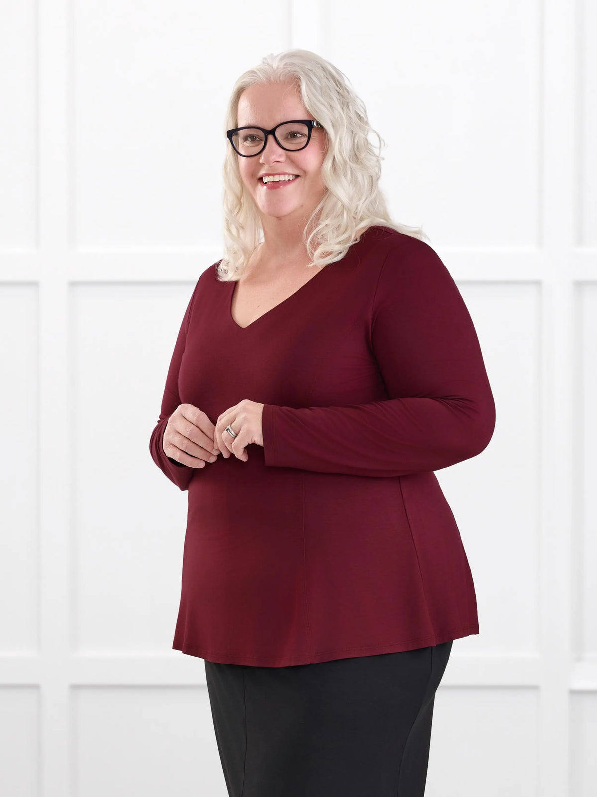 Sheera reversible neckline peplum top for women in Merlot on model Colleen, size XXL @Colleen-XXL 