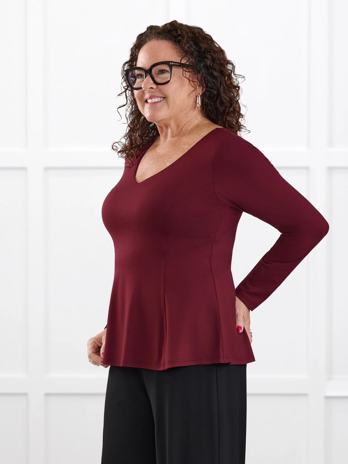 Sheera reversible neckline peplum top for women in Merlot on model Kerri, size M @Kerri-M 