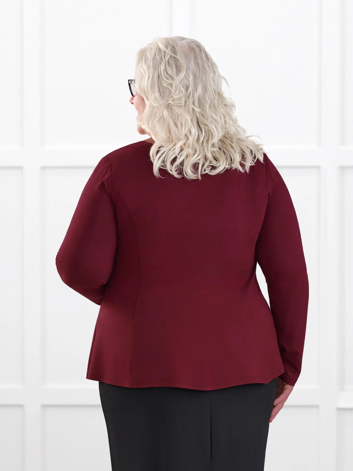 Sheera reversible neckline peplum top for women in Merlot on model Colleen, size XXL @Colleen-XXL 