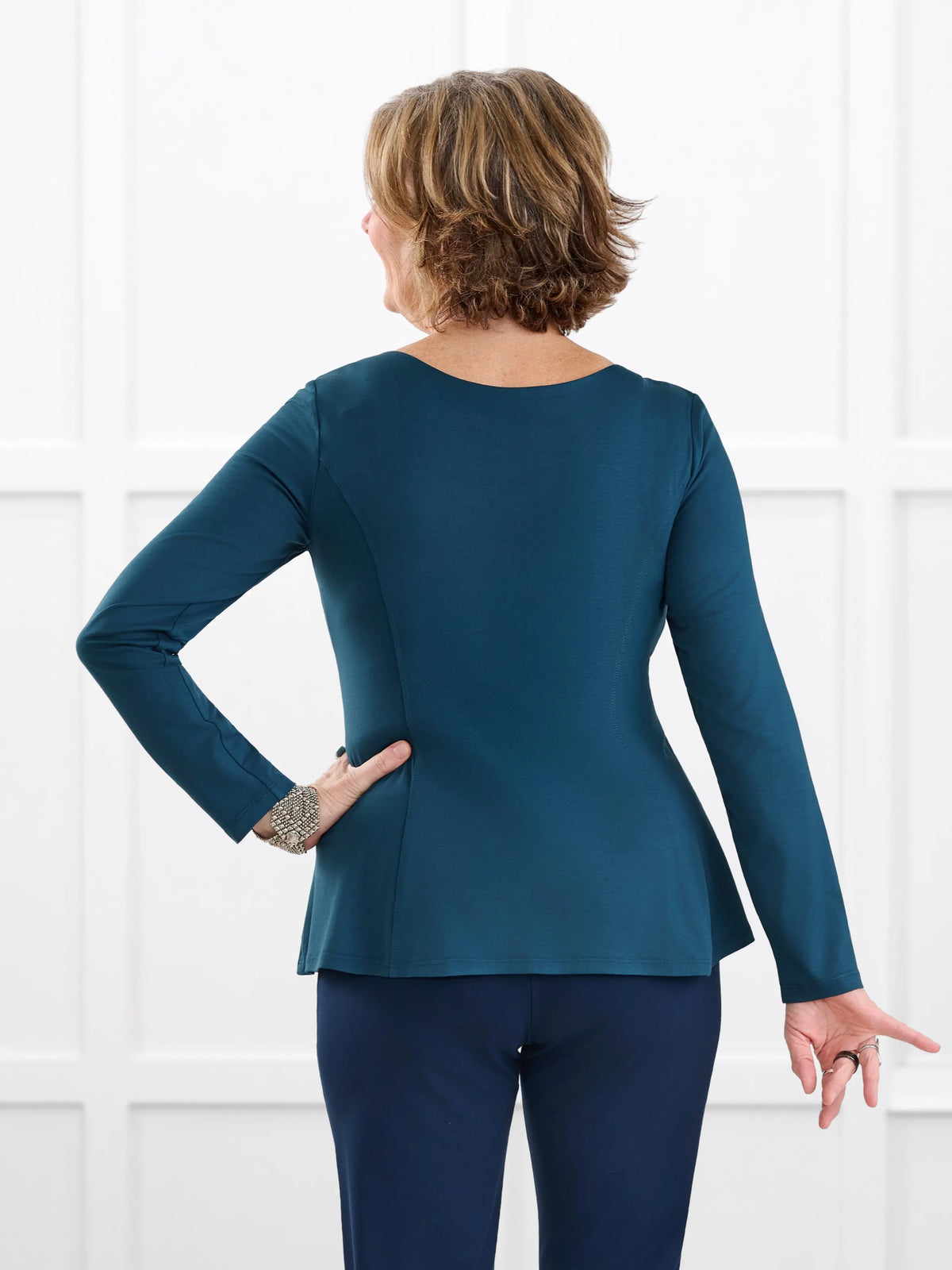 Sheera reversible neckline peplum top for women in Atlantic on model Donna, size S @Donna-S 