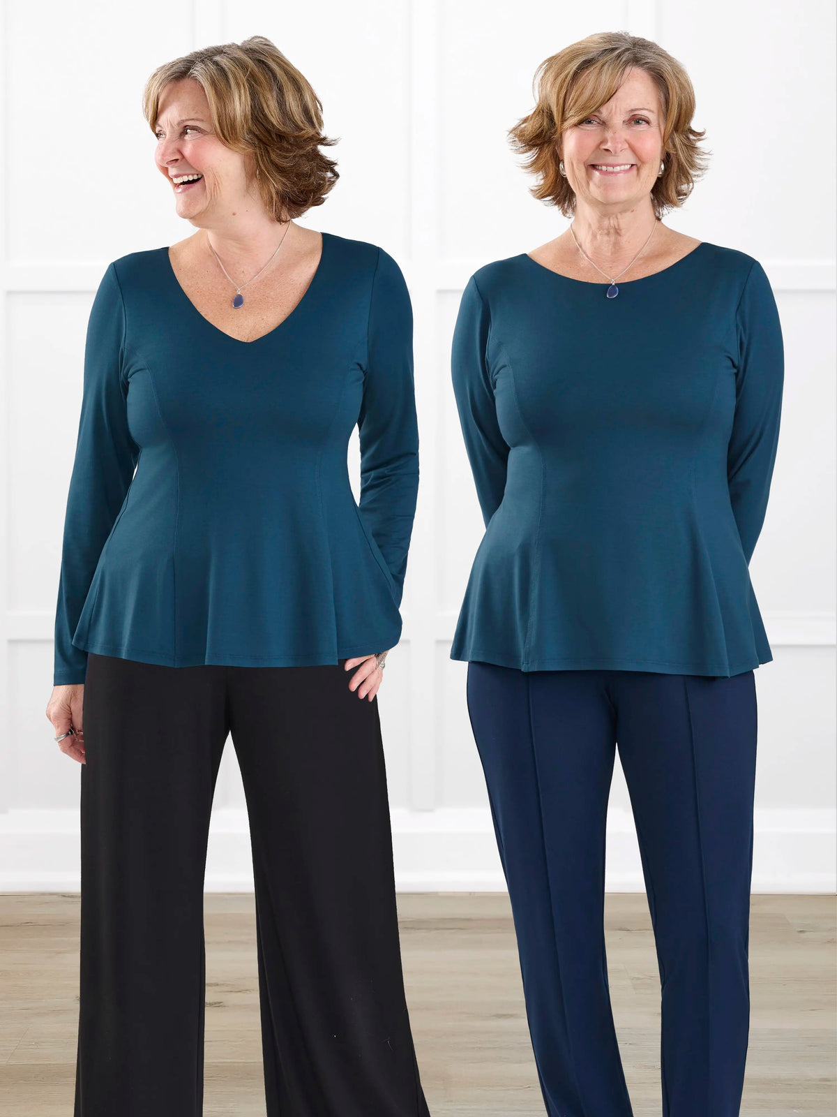 Sheera reversible neckline peplum top for women in Atlantic on model Donna, size S @Donna-S 
