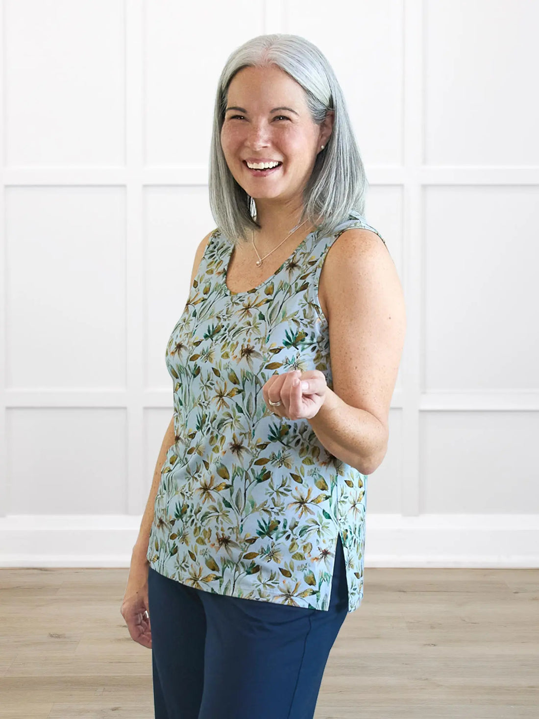 Shyanne reversible neckline side slit tank 00 in Forest veil on model Kerri, size S Regular @Kerri-S-regular 