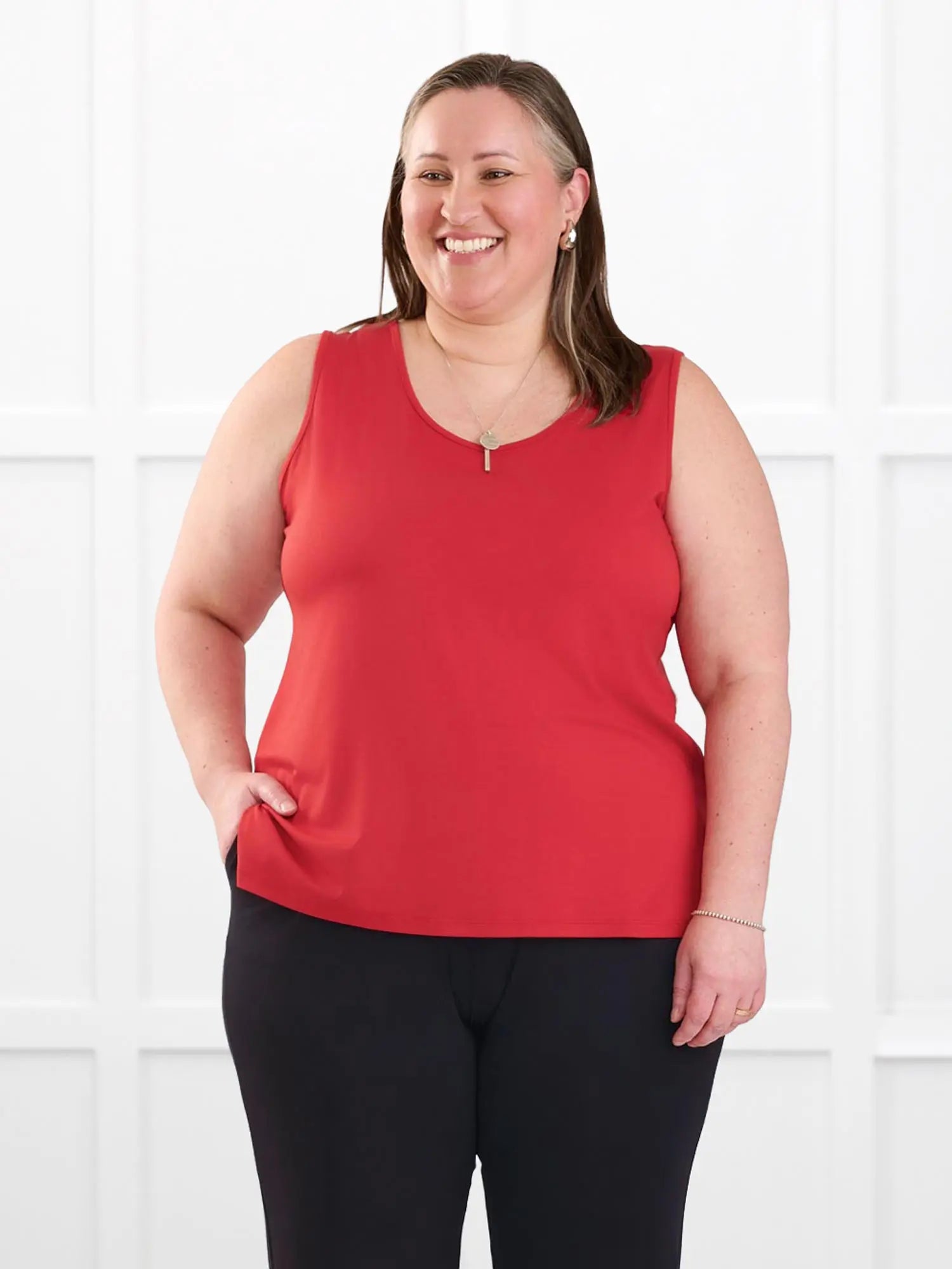 Shyanne reversible neckline side slit tank for women in Chili on model Cristina, size XXL Regular @Cristina-XXL-regular 