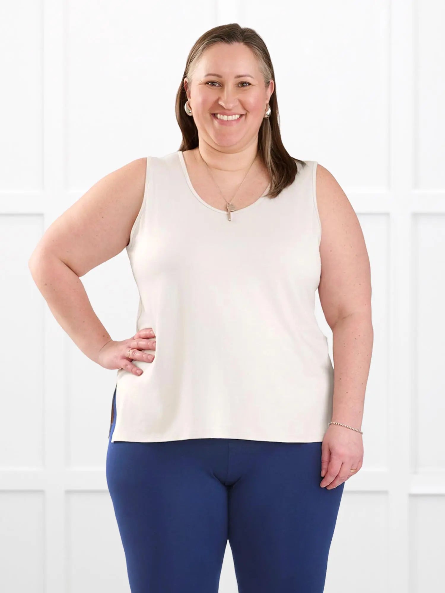 Shyanne reversible neckline side slit tank for women in Sandstone on model Cristina, size XXL Regular @Cristina-XXL-regular 