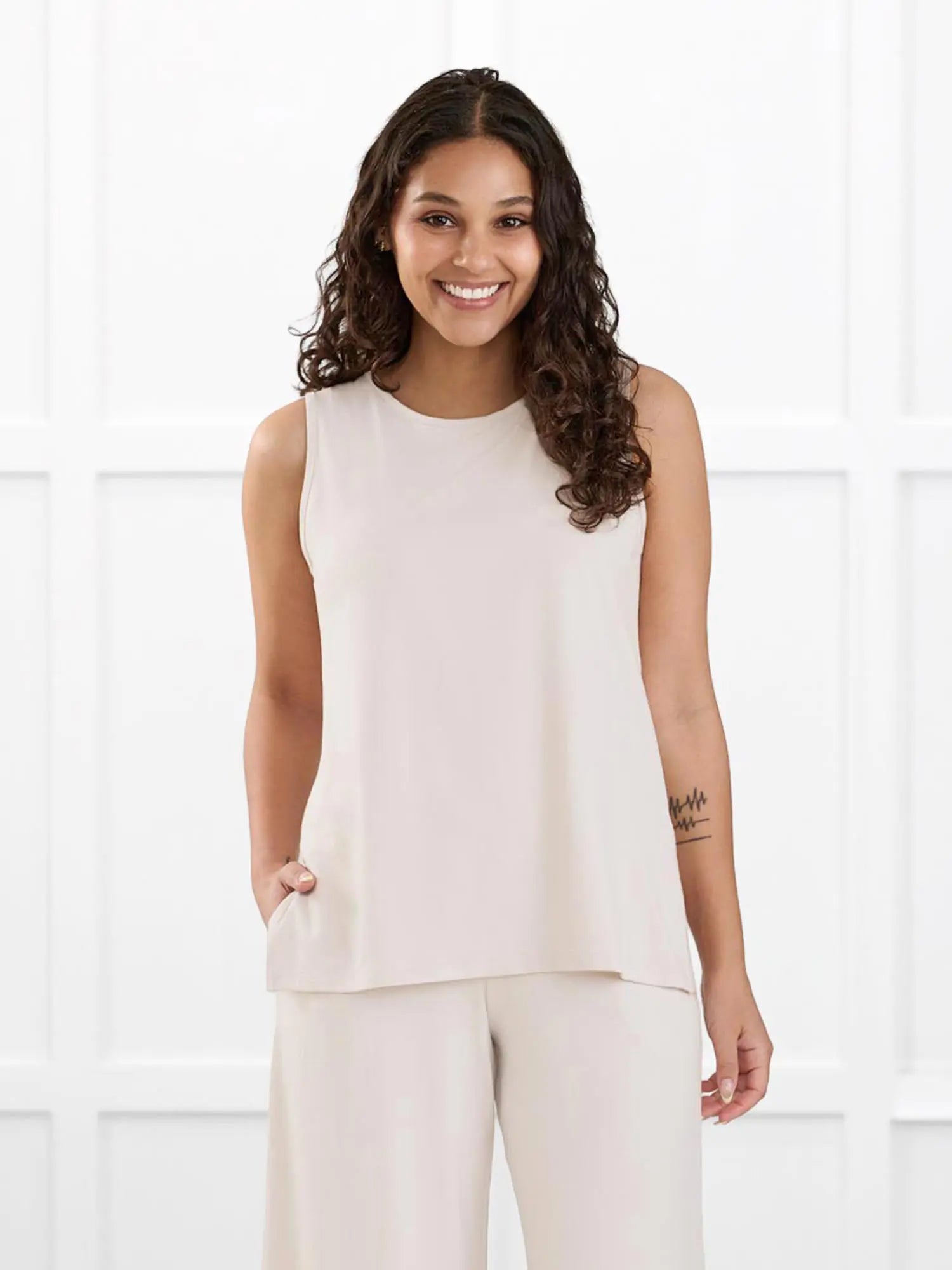 Shyanne reversible neckline side slit tank for women in Sandstone on model Meron, size XS Regular @Meron-XS-regular 