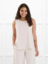 Shyanne reversible neckline side slit tank for women in Sandstone on model Meron, size XS Regular @Meron-XS-regular 