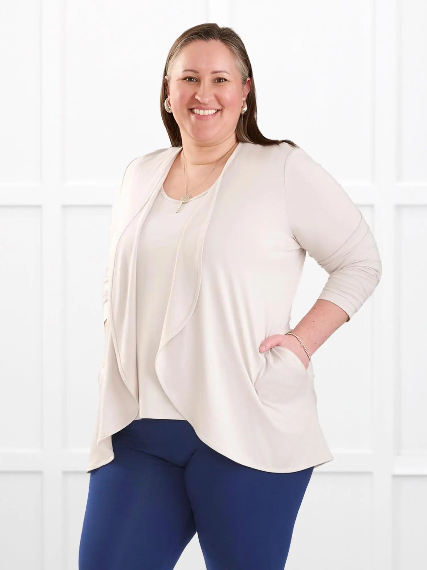 Shyanne reversible neckline side slit tank for women in Sandstone on model Cristina, size XXL Regular @Cristina-XXL-regular 