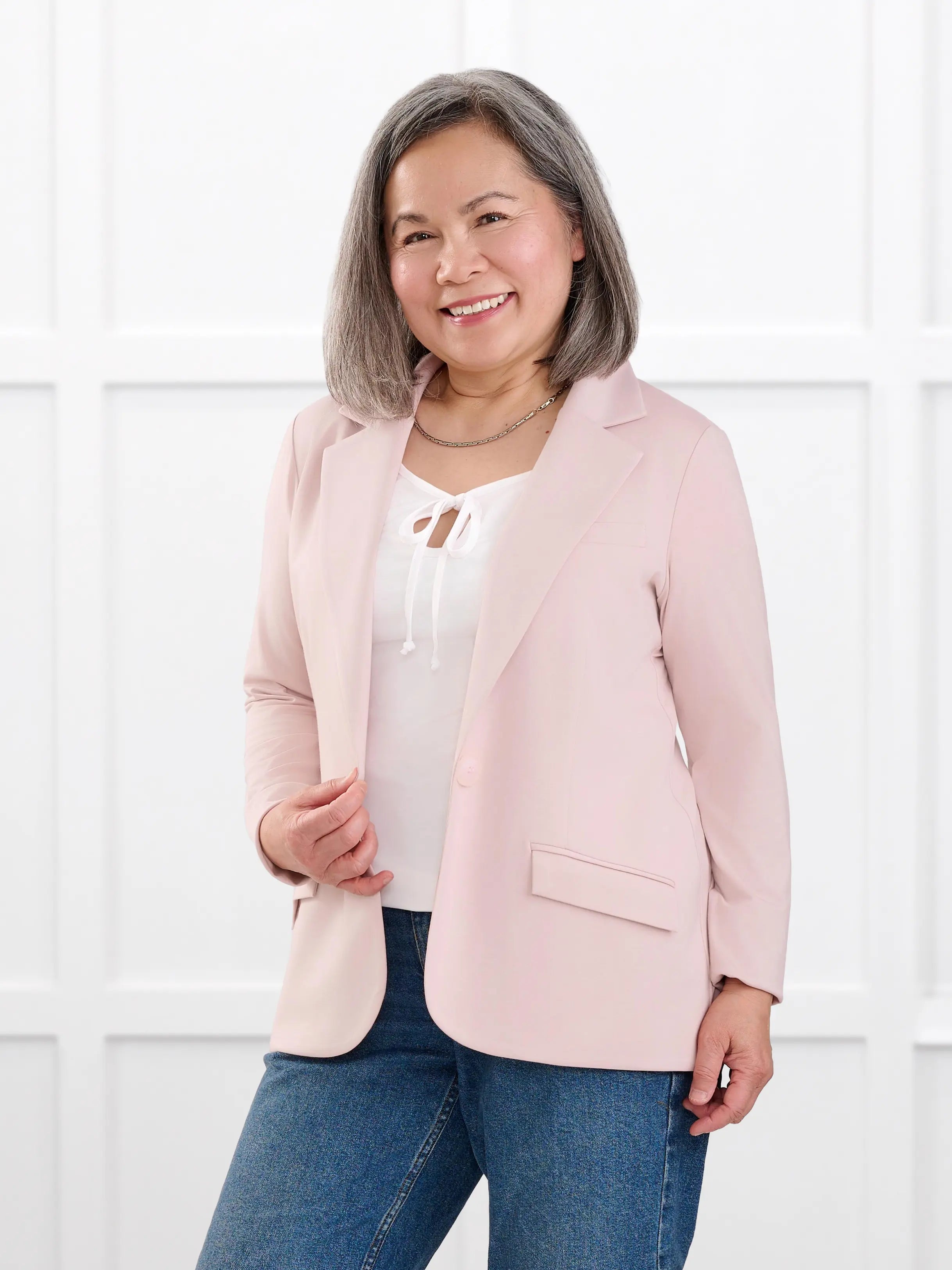 Sienna stretchy girlfriend blazer for women in Ballet pink on model Terry, size S @Terry-S 