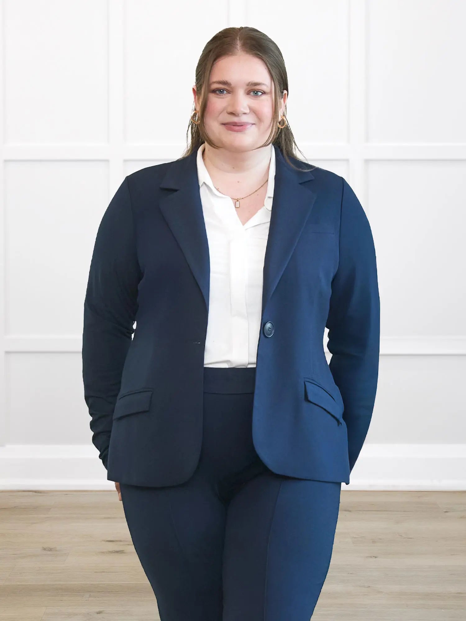 Sienna stretchy girlfriend blazer for women in Navy on model Bri, size XL @Bri-XL 