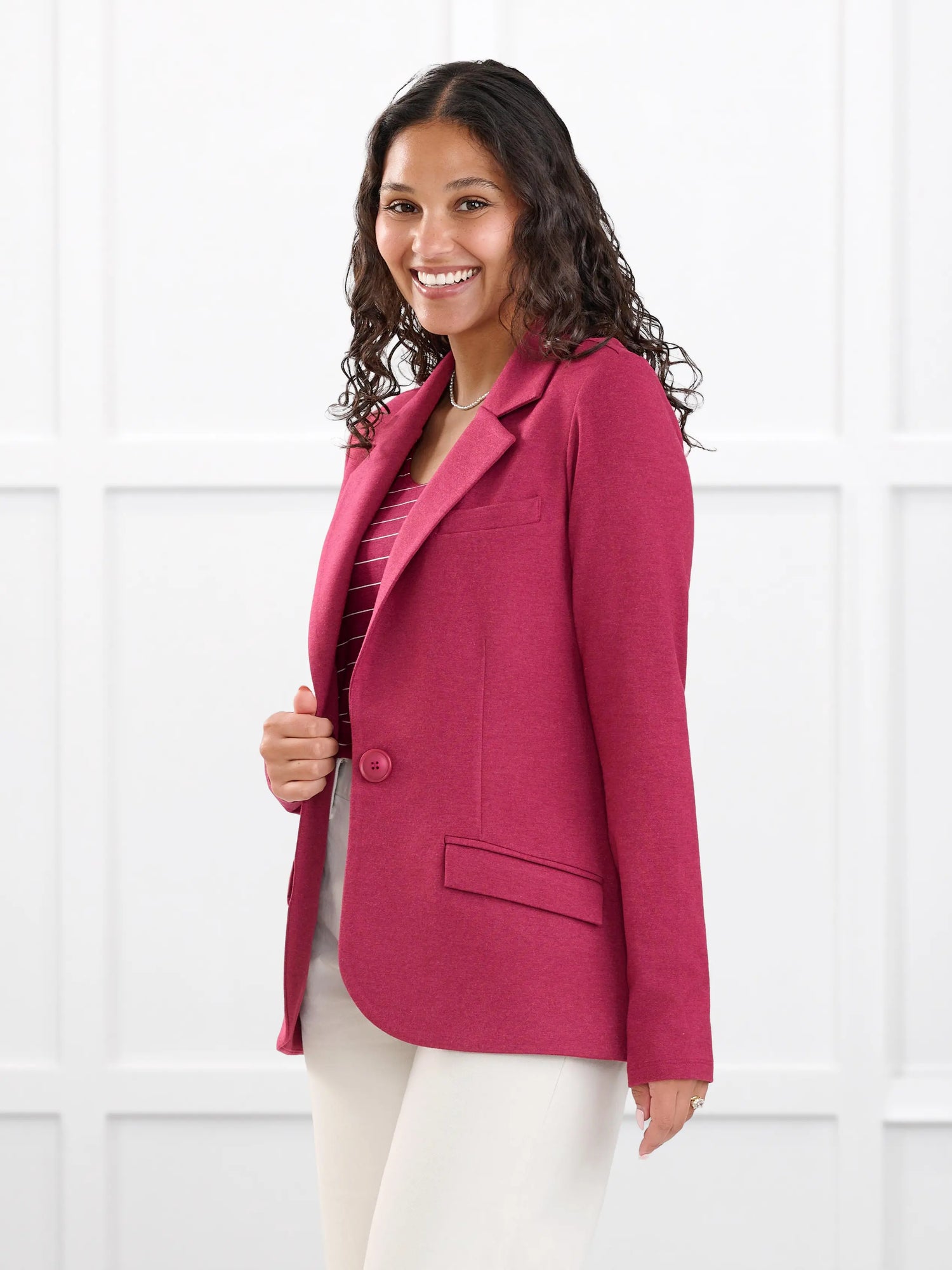Sienna stretchy girlfriend blazer for women in Beetroot melange on model Meron, size XS @Meron-XS 