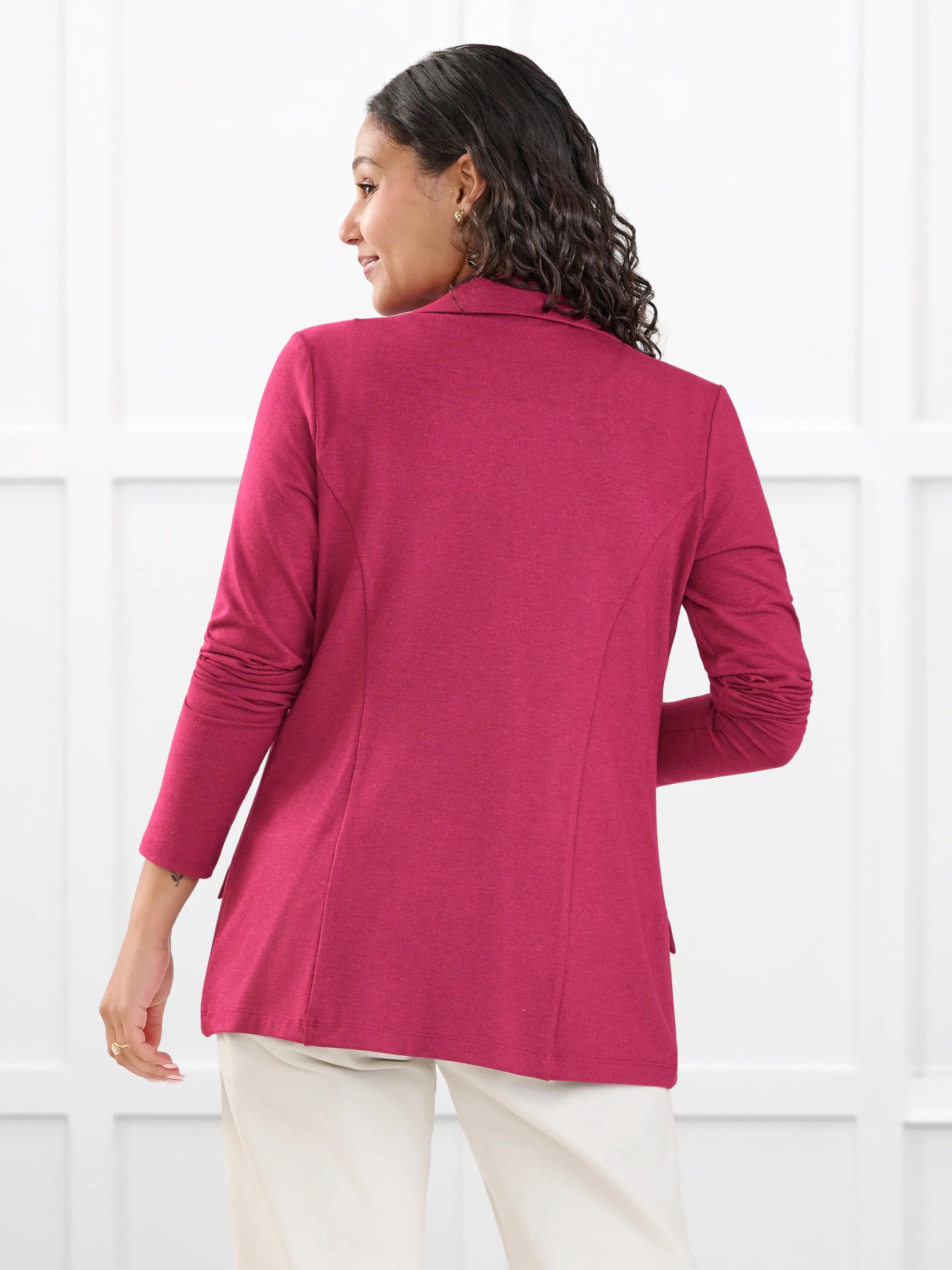 Sienna stretchy girlfriend blazer for women in Beetroot melange on model Meron, size XS @Meron-XS 